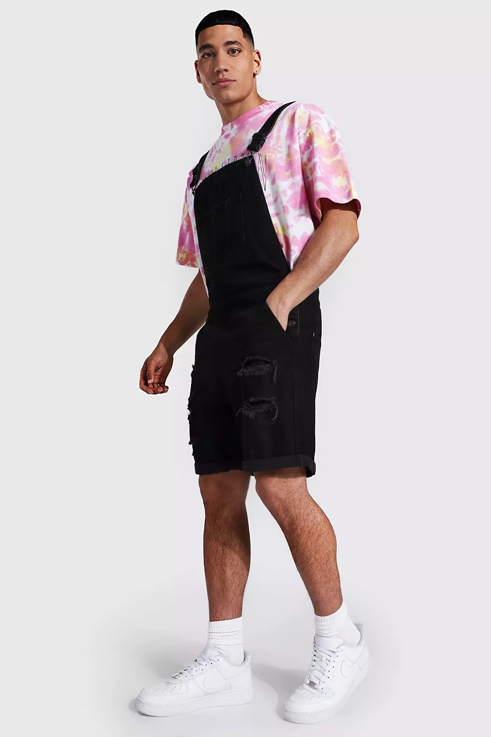 Slim Fit Multi Rip Short Dungaree boohooMAN IE